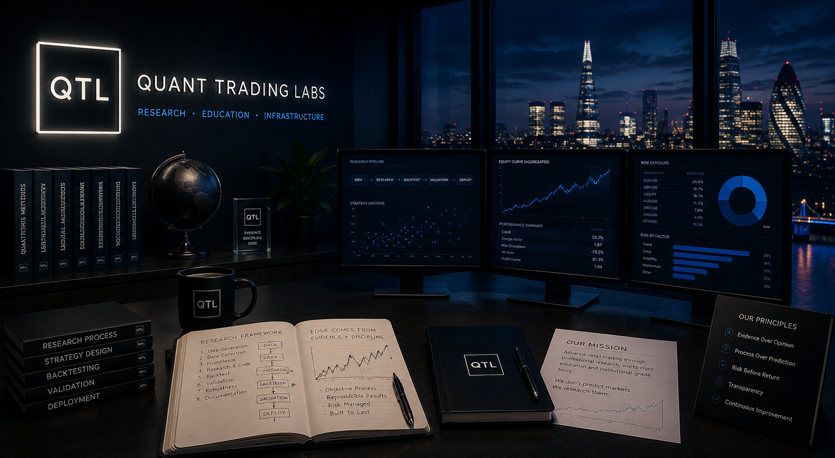 Inside Quant Trading Labs, showing an institutional quantitative research workspace with research notebooks, validation dashboards, systematic trading materials and the London skyline.