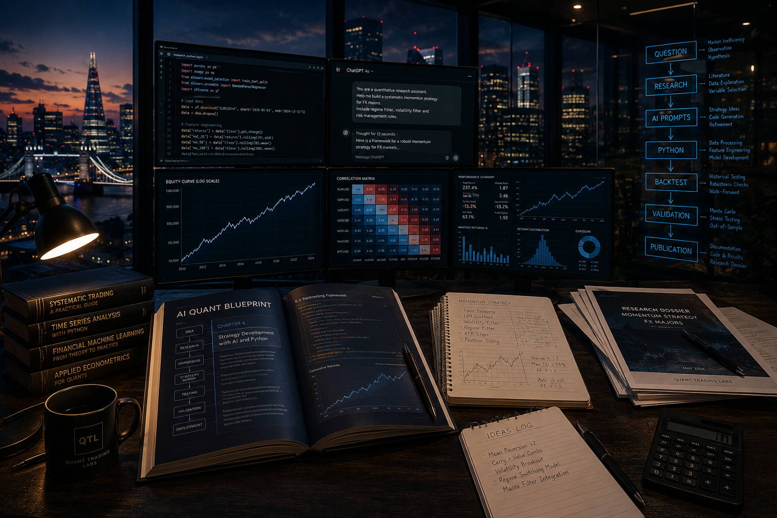 AI Quant Blueprint research workspace showing Python code, AI-assisted strategy research, quantitative dashboards, research notebooks and validation materials