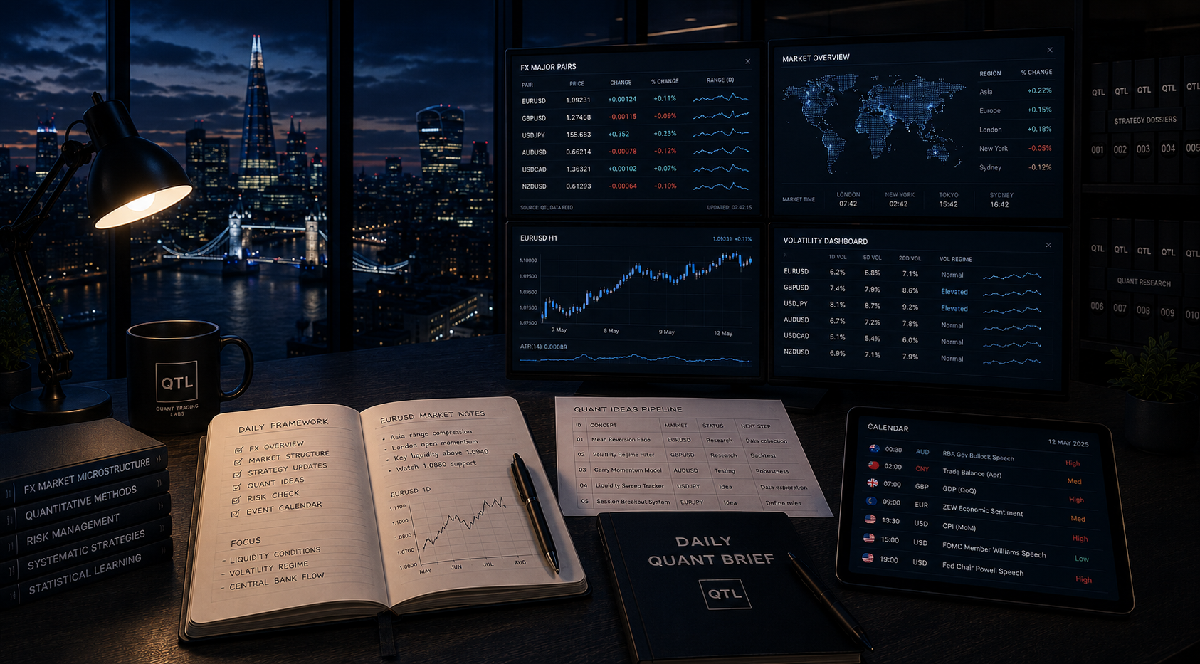 Quant Trading Labs Daily Quant Brief workspace showing FX major pairs, currency-market dashboards, volatility analysis, strategy updates, economic calendar events and quantitative research notes.