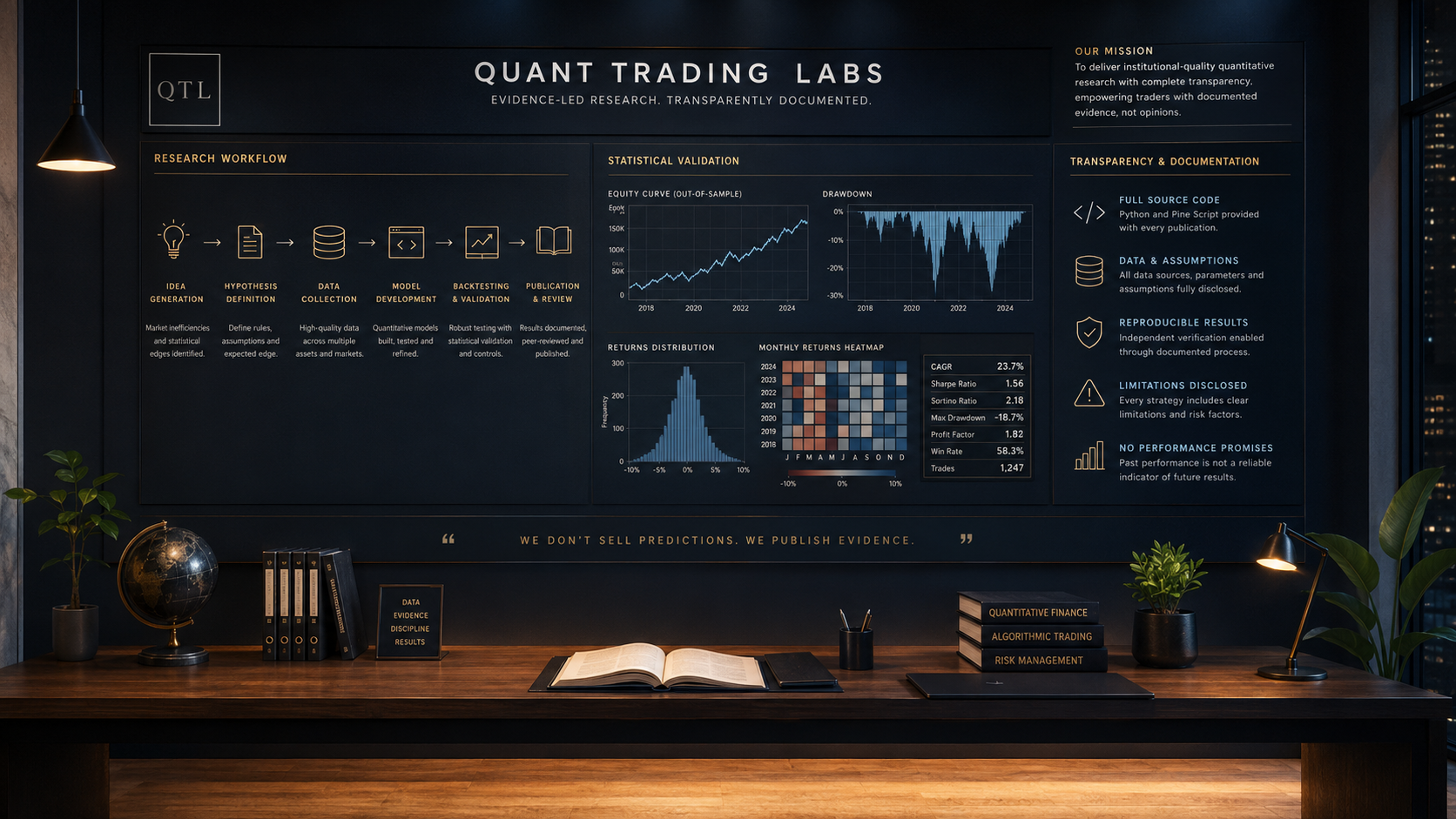 Quant Trading Labs research methodology wall showing documented quantitative research workflow, statistical validation and publication standards.